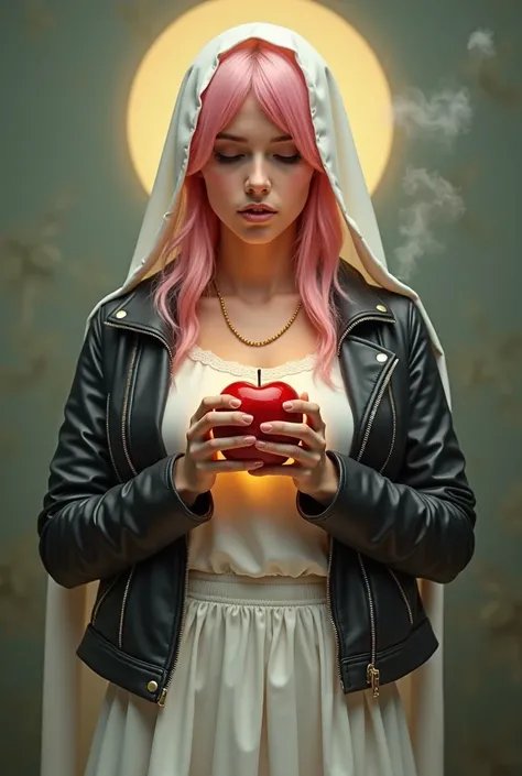 Virgin Mary, teenager, sensual, young,   semitransparent white blouse  ,  pink hair tennis costume , sweet face, halo ,  white miniskirt , Maria, Virgin Mary, coquette, white veil, praying, sacred heart,  leather jacket ,   heavenly position ,  smoking mar...