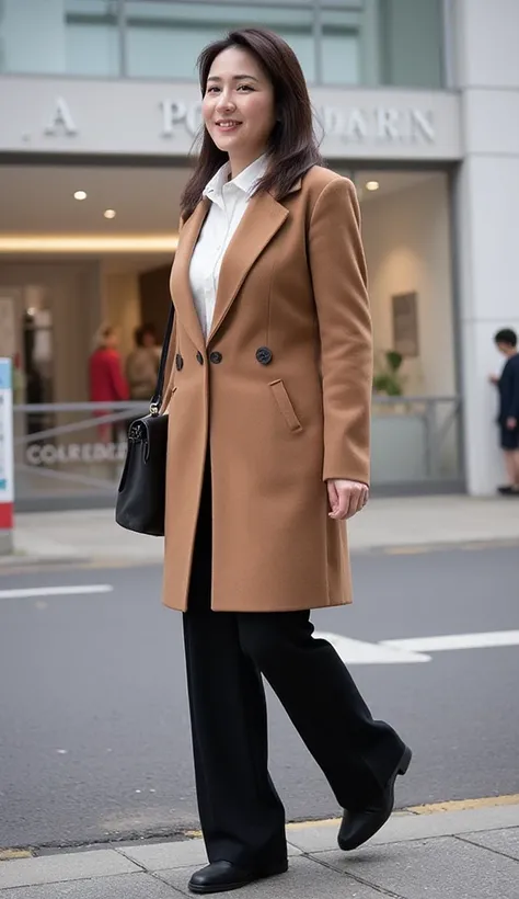 (profile:1.8), in the morning, He saw a Japanese beautiful woman, age 28, medium short hair, big breast. She is walking in front of a apparel shop. smile, wearing the key fashion trends for Winter 2024, brown long coat, white frill blouse. black wide-pants...