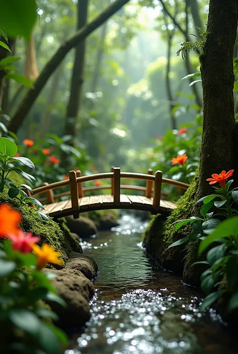 Close up photography view an Indonesian beautiful ancient sub urban at the denses junggle, tiny stone river, bamboo bridge, colorful flowers, without human 