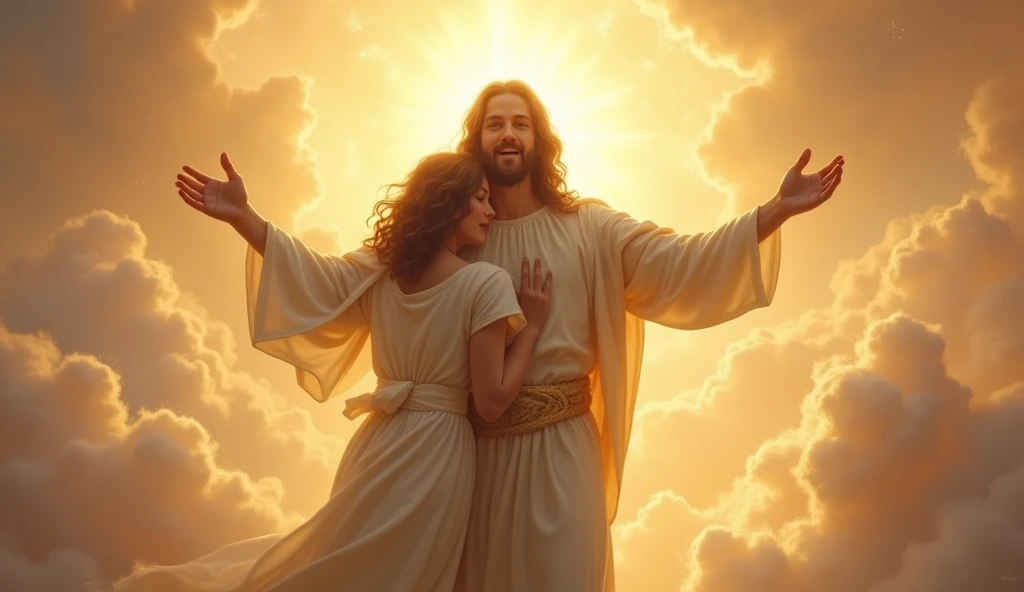 Jesus christ welcoming someone with a huge in heaven 