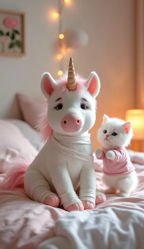 "A cute unicorn sitting on a soft bed, its wings wrapped in white bandages, looking tired but calm. The unicorns pastel-colored mane flows gently over its shoulders, and its small glowing horn emits a faint light. Beside the bed, a little white kitten wear...