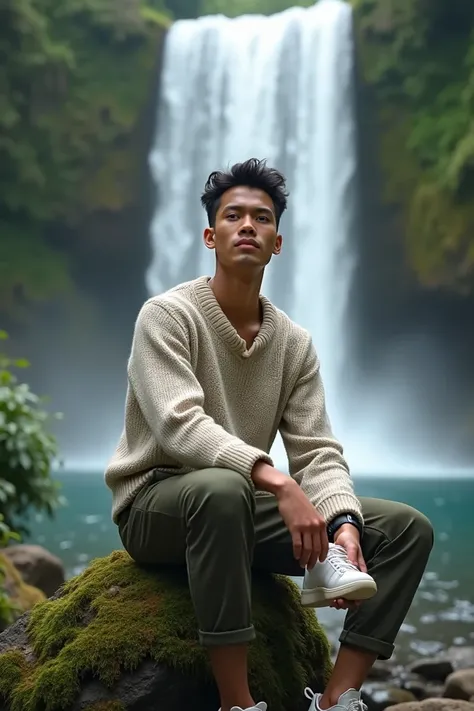  a young skinny Indonesian man handsome face wearing a switer. mountain pants white shoe in right hand wearing a watch . Sitting on a small mossy rock . waterfall backscreen .effect detail .realistic. looks natural 