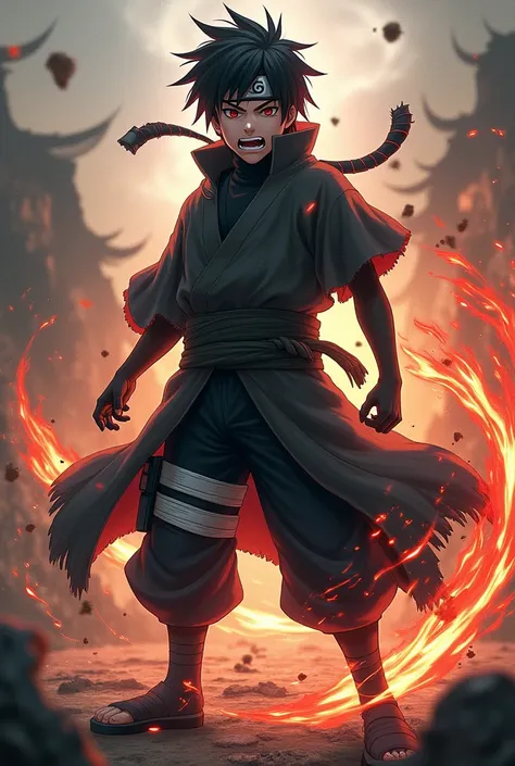 create an anime style boy. his long-sleeved Akatsuki robe is ruined and torn. he is a ninja and has the leaf ninjas forehead protector. He has black eyes and black hair. performs a ninja technique. He is very angry. Do it with your whole body. he is missin...