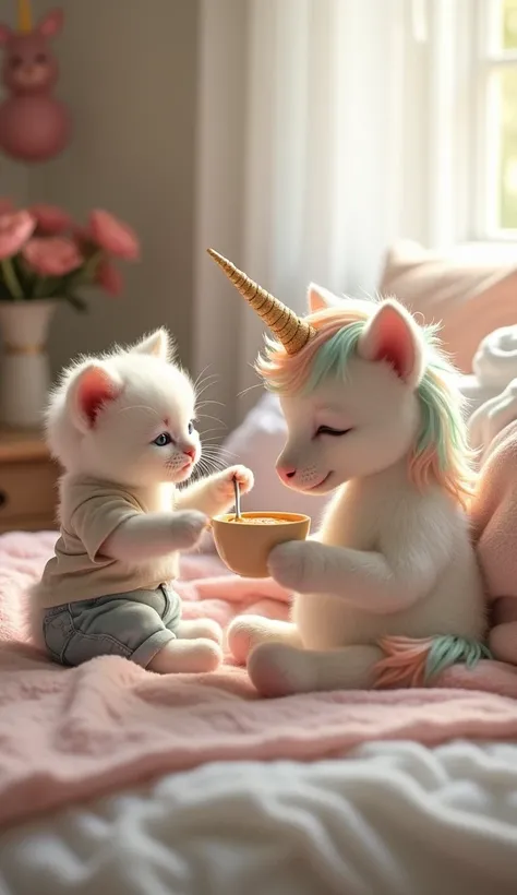 "A little white kitten wearing a casual pant and shirt is gently feeding soup to an injured unicorn sitting on a cozy bed. The unicorns wings are bandaged, and its pastel-colored mane flows softly over its shoulders. The kitten carefully holds a small spoo...