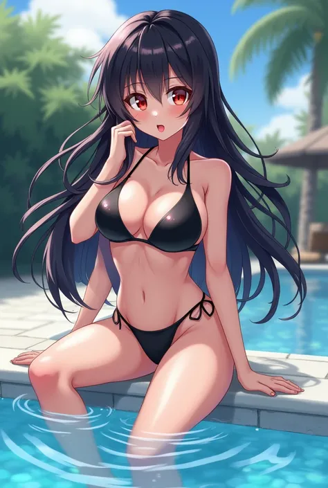 Anime Style, black long hair, red eyes, tounge oout, black bikini, medium boobs, feet showing, sitting on pool covers, sunday, and weet body, view from feet