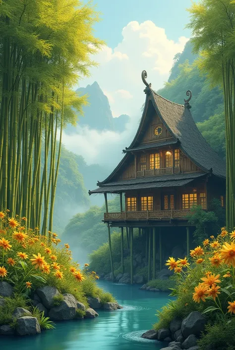 The detailed and intricate digital illustration ,  of a typical indonesia chambered stilts ,  amidst a yellow bamboo forest filled with exotic flowers,  on hills covered with dense white mist ,  a quiet little river running through the edge of the house , ...