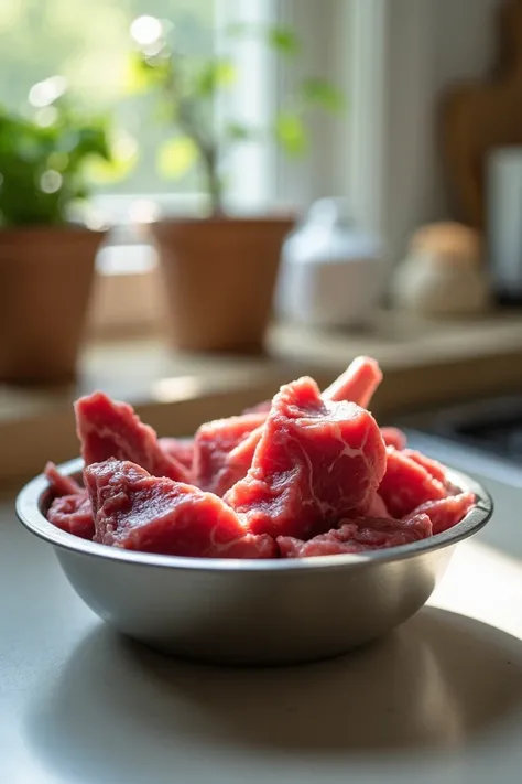 "A close-up of fresh beef pieces with bones, placed in a clean silver bowl on a kitchen counter, surrounded by natural lighting."