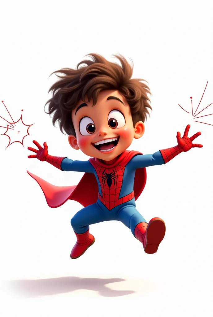  Create a pixar-style illustration with a white background, From a  boy,  with light brown skin , curly light brown hair ,  Expressive almond-shaped eyes ,  with a thin chin and a beautiful smile ,  wearing a Spiderman costume , Throwing webs 
