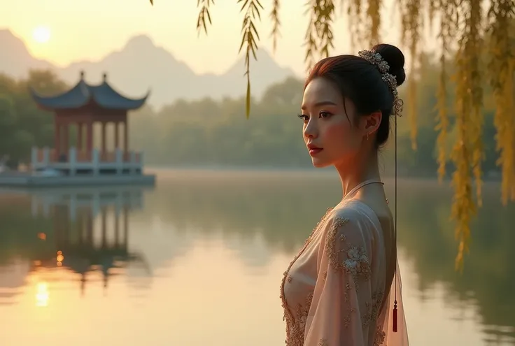 (best quality, 4k, 8k, high resolution, masterpiece: 1.2), ultra detailed, (realistic, photorealistic, photorealistic: 1.37), professional photography, A tranquil landscape of West Lake in Hangzhou, China, 1girl standing by the lake, beautiful detailed eye...