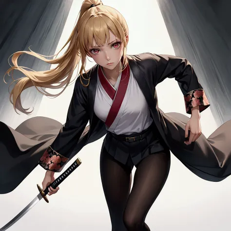  super high resolution, anime style, Realistic,  is running towards the camera, Slender woman in her 20s ,  clear skin,Fair skin,  ponytail,Asymmetrical bangs, long hair,Ahoge,Blonde, A small face with a well-shaped shape,  No Emotion, serious eyes, Moist ...