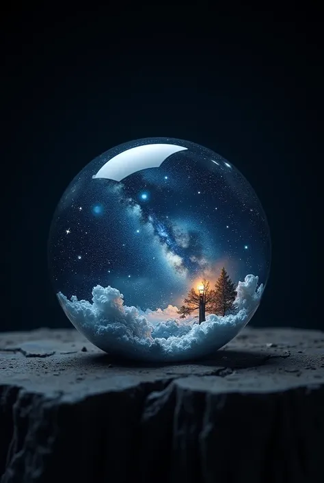  A marble made of a perfect sphere ， with a beautiful night view made with exquisite miniatures inside， black background，