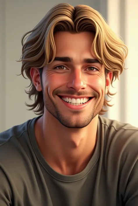 Half-length portrait of a man with shoulder-length dark blond hair handsome 30 years old strong and healed smiling cheerfully not wearing a shirt