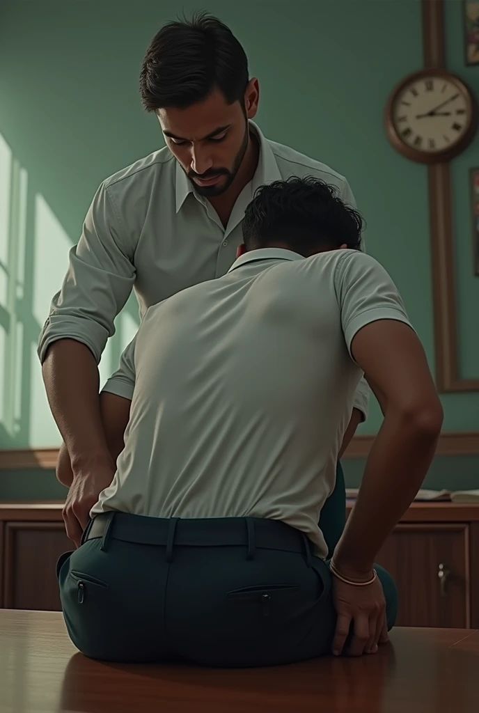 Handsome srilankan school boy in tight uniform bend over the table getting the back touched by a male teacher, back side view, principal office, punishment 