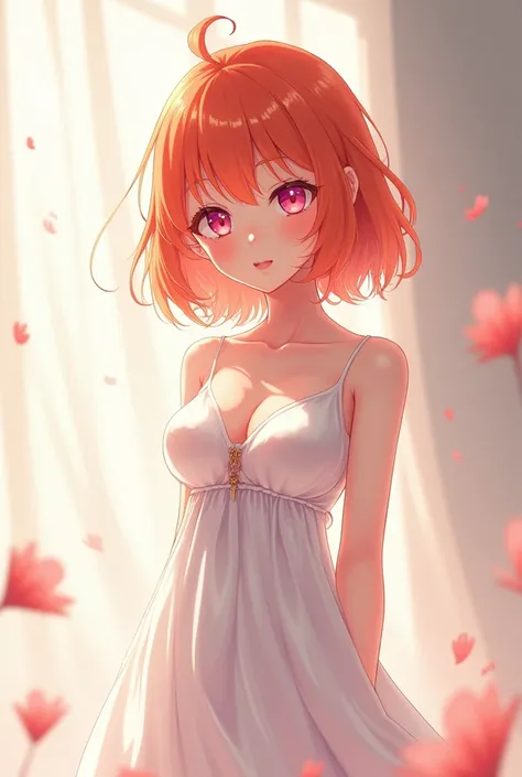 Cute anime girl with orange hair and pink eyes,she has large breast her body is very slim and curvy, beautiful,and cute,wears white dress,