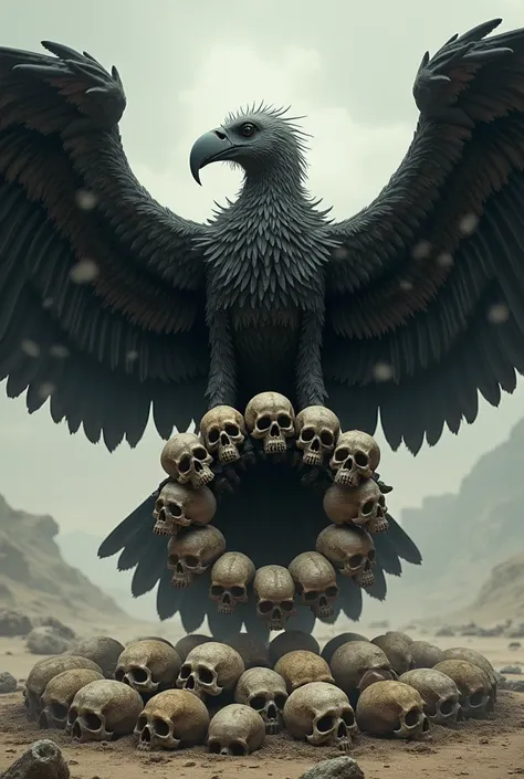 a Zamuro with its wings open that is holding some skulls inside a circle 