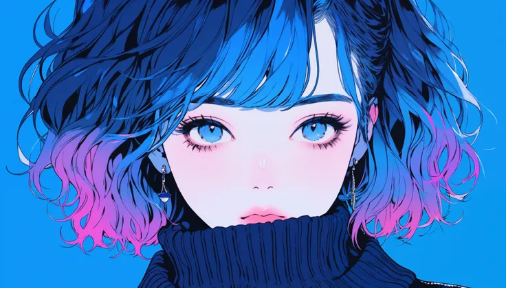 (best quality, sketch:1.2),realistic,illustrator,anime,1 girl, detailed lips,sweater,custom,blue gradient background,neon hair,textured cropping,Canadian, masterpiece, style retro classic, noir dark 