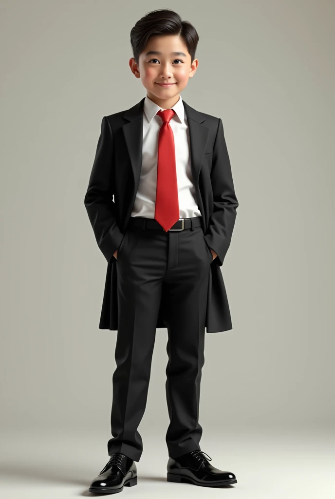 Boy with black pent white shirt black coat red tie black shoes