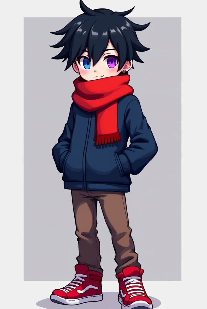  Creates a designer boy with black hair ,  the color of the left eye is dark blue and the other eye is completely purple, Iris,  pupil and even the white part of his eye is purple , He wears a dark blue jacket ,  red scarf,  brown pants and red sneakers 