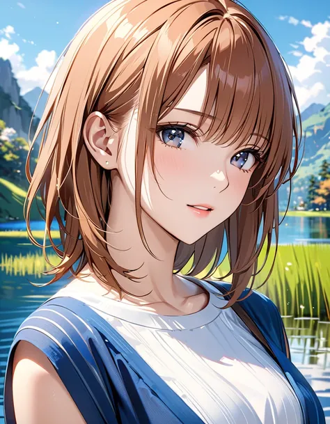 (tranquil lake:1.5), masterpiece:1.5, masterpiece, highest quality, (Misaka Mikoto), UHD, retina, masterpiece, accurate anatomy, textured skin, super detailed, high quality, best quality,  highres icon, 8k