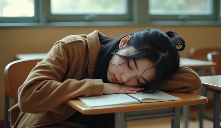 siesta, snooze, a corner of the college classroom, a Japanese cute college girl, during the lecture, sleeping face down on the desk, while sitting in an chair, wearing warm autumn fashion, asleep with clothes on, skirt is riding up to her thighs, thighs ar...