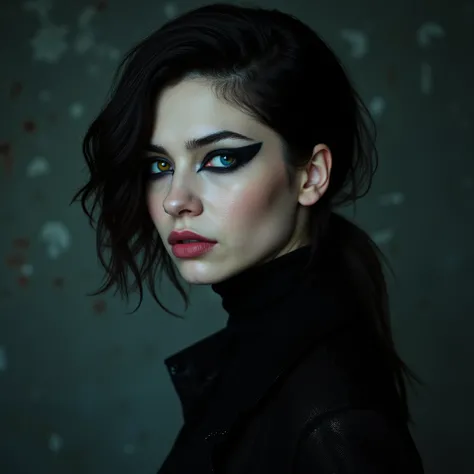 hyperrealistic 4k, Midjourney style, Marilyn Manson style girl dressed very sexy ,  the iris of one yellow eye and the other blue eye, gloomy background