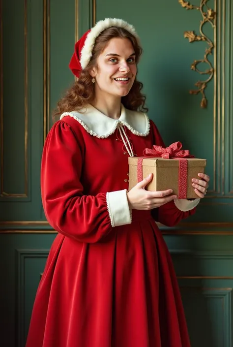 plan large : une grosse femme mur Châtin claire, vêtue dune robe rouge et dun bonnet de père Noël, elle tient un paquet-cadeaux, en souriant. style leyendeckeret, dans une robe rouge dépoque victorienne, vêtements victoriens, bel art rétro – décor de fond ...