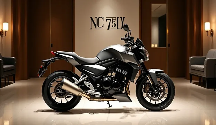 Give me 2025 Honda NC 750X, modified at luxury look showroom, permanent text " Honda NC 750X " on back wall 