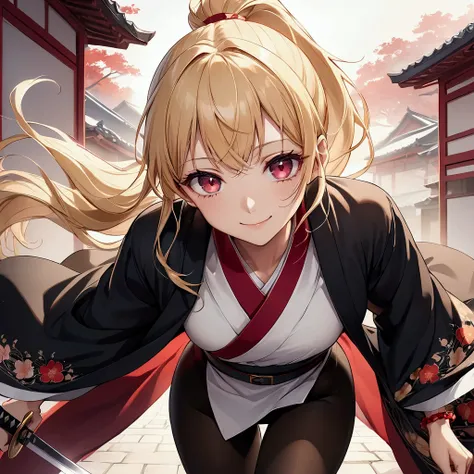  super high resolution, anime style,  is running towards the camera, Slender woman in her 20s ,  clear skin,Fair skin,  ponytail,Asymmetrical bangs, long hair,Ahoge,Blonde, A small face with a well-shaped shape, smile, smiles, Moist eyes,Crimson Eyes, Blac...