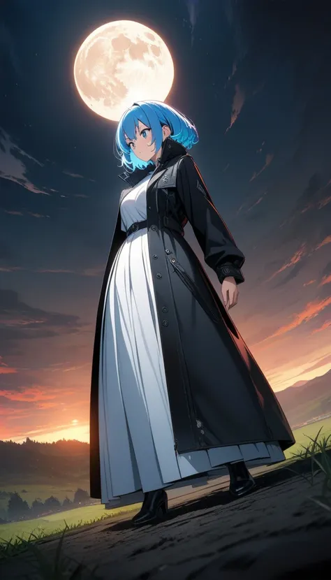 (masterpiece,  best quality,  Official Art:1.2), ( colorful ),  perfect anatomy , one girl, front view。 shorthair。Blue hair color。Late Night。 grassland。 (new moon:1.3) super precise illustration ,  detailed ,  Dynamic Angle,  Beautiful details in, 8k,, ( h...