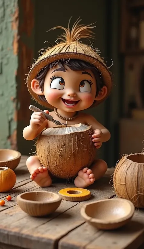 Coconut character holding a small craft tool while carving a coconut shell. Around it there are various handicrafts such as bowls, bracelets and unique decorations made from coconut shells. The background is a simple wooden table.