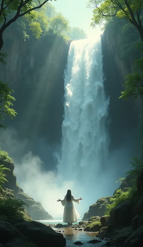 A powerful waterfall surrounded by lush forest, with a person with open arms beneath it, as if receiving Gods strength and love.