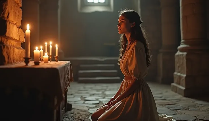 Create a scene of the young woman in a medieval peasant dress, kneeling in prayer inside a dimly lit church, illuminated by the flickering light of candles, her expression serene and devout.