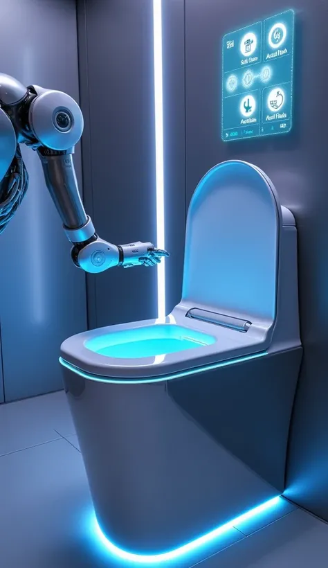 A sleek, ultra-modern toilet designed with cutting-edge technology, set in a futuristic bathroom with smooth metallic walls and glowing neon blue lines running along the edges. The toilet itself is crafted from polished chrome, reflecting the surrounding l...