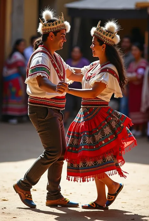 Make me an image of a couple dancing Tinku dance originally from Potosi and Oruro I want the man to be dancing cheerfully as well as the woman in their respective typical dance costumes with their mountain helmets and flip flops