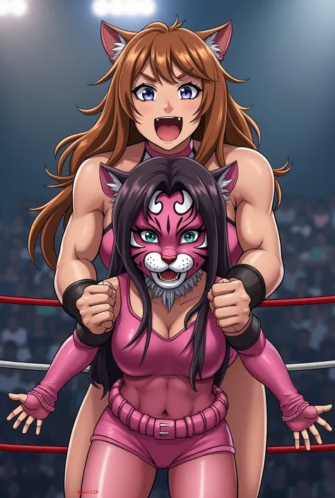 ［1st female professional wrestler、Female Idol Wrestler、 cute、Petite、虎をデザインした cuteマスク、 pink costume 、 2nd severe attack opens a hole in the costume、 ring name is Princess Tiger、 garter belt 、 WWE World Junior Champions getting their masks peeled off、( attac...