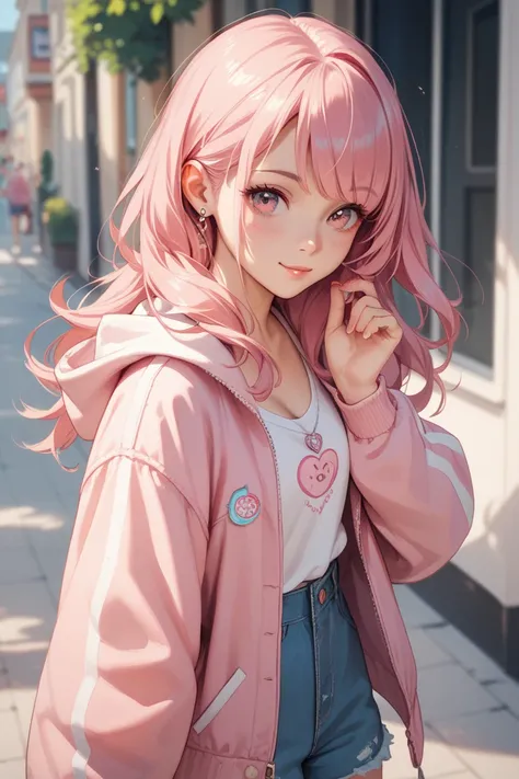  Women Have long pink hair And pink eye wear Pink jacket and age is 18 her is beautifully girl in world her is kind and cute and her is sensitivity 