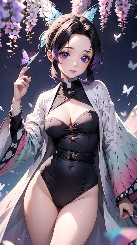 perfect anatomy, super detailed skin, (kochou shinobu, butterfly hair ornament, purple eyes, multicolored hair, short hair, parted bangs, haori, wide sleeves, long sleeves, negligee, panties), Alone, masterpiece、 best quality、masterpiece,  high definition ...