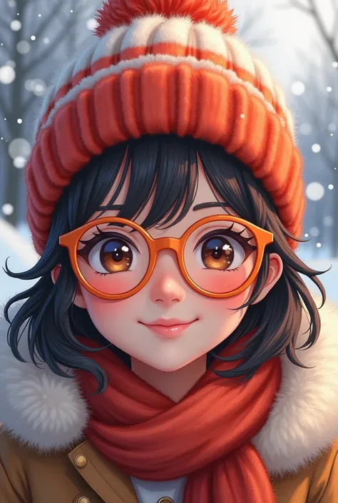 A smiling japanese girl wearing ping glasses wears a ping colored winter hat and a winter fur jacket wearing jeans  