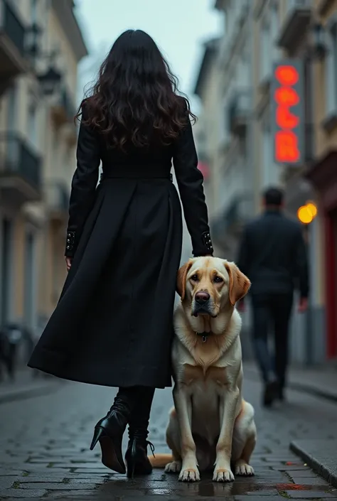  A cover for a book about a murderer , crime and police officers ,  with a Venezuelan girl  ( black cabello,  long and white skin and pretty clothes )  and a handsome young Russian detective on urban streets with a Labrador Retriever