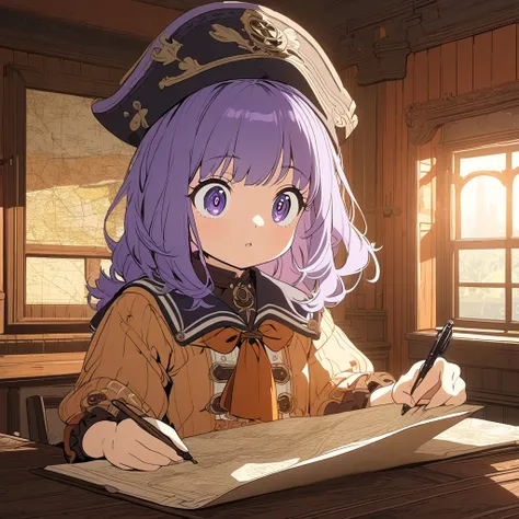 1girl,  (purple hair:1.2) (big eyes:1.1), pirate hat, sailor uniform, studying map, center-frame, facing viewer,  detailed expression, detailed outfit, soft lighting, warm color palette (golds, browns, oranges),  detailed background, vintage style,  interi...