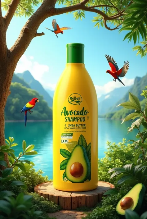 Create a vibrant and eye-catching advertisement featuring a large shampoo bottle prominently displayed in a lush natural setting. The shampoo bottle is yellow with green accents, showcasing an avocado and shea butter illustration on the label. Surround the...