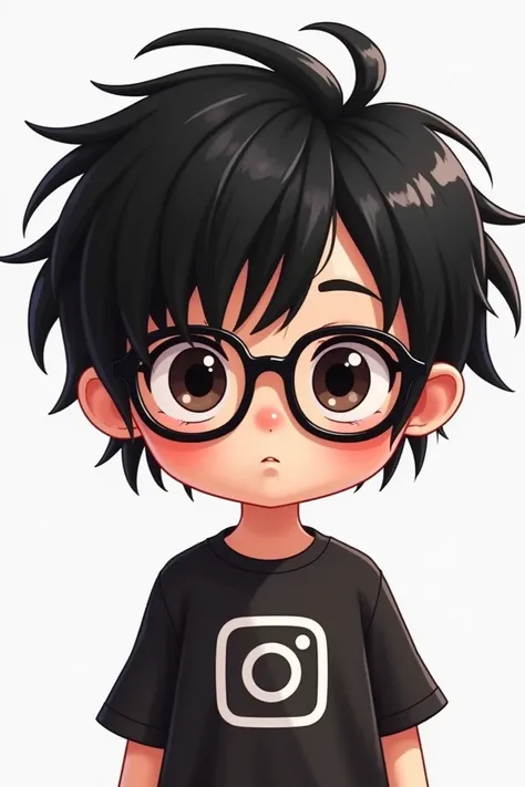 her hair is blow dried boys messy black hair black square glasses shirt that says INSTAGRAM big letter boys messy black hair black round glasses shirt black that says INSTAGRAM big letter for sweet cartoon character