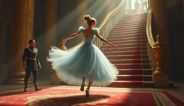 She fled, leaving behind a glass slipper.**  
   *Cinderella runs down a grand staircase in her sparkling dress, one glass slipper slipping off her foot as the Prince reaches out in surprise.*
