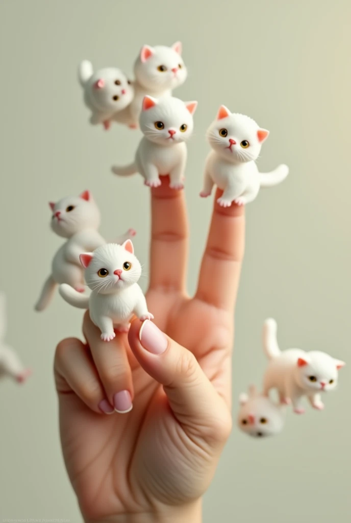 8 mini white cats are on the forefinger of a human hand 