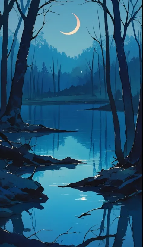 Quiet Lake、Lake of Silence 、 Decayed Trees Sinking into the Lake々、Clear Water 、Clear Lake 、night、 crescent、The gentle light of the moonlight、Watercolor、