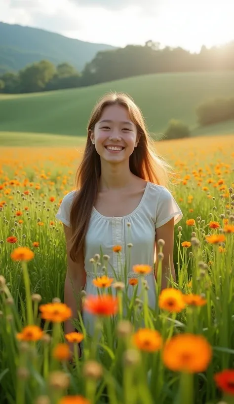 Photo of a field with a beautiful girl smiling