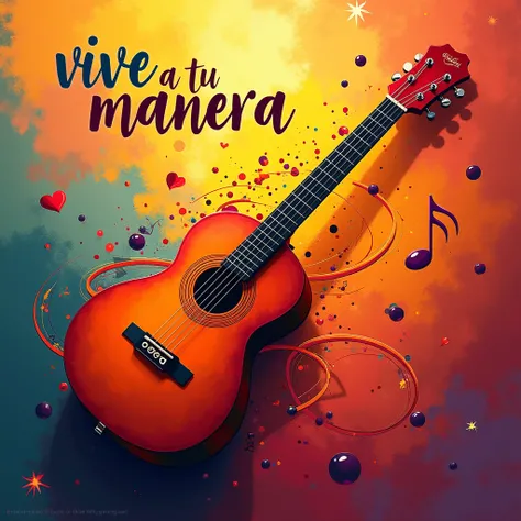 Design a vibrant and colorful cover for a music album titled in spanish “VIVE A TU MANERA”. The composition should reflect a fusion of pop, flamenco, and soul styles, incorporating warm and cheerful visual elements that convey positive energy and authentic...