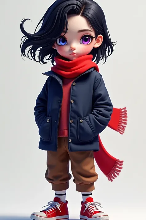 Creates a designer boy with black hair , the color of the left eye is dark blue and the other eye is completely purple, Iris, pupil and even the white part of his eye is purple , He wears a dark blue jacket , red scarf, brown pants and red sneakers