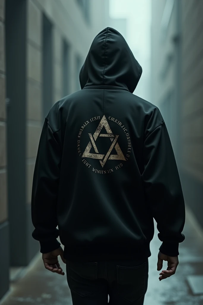 A guy in a black hoodie with illuminati symbol in the hoodie walking in the opposite direction not showing his face,his back is facing the cameda