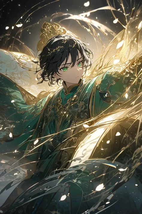 Young male character, full-body, with fair skin and a serene expression, deep hazel-green eyes that convey calm and confidence, in a combat stance. He has long, straight black hair, part of which is tied up in a high bun adorned with a golden and jade acce...